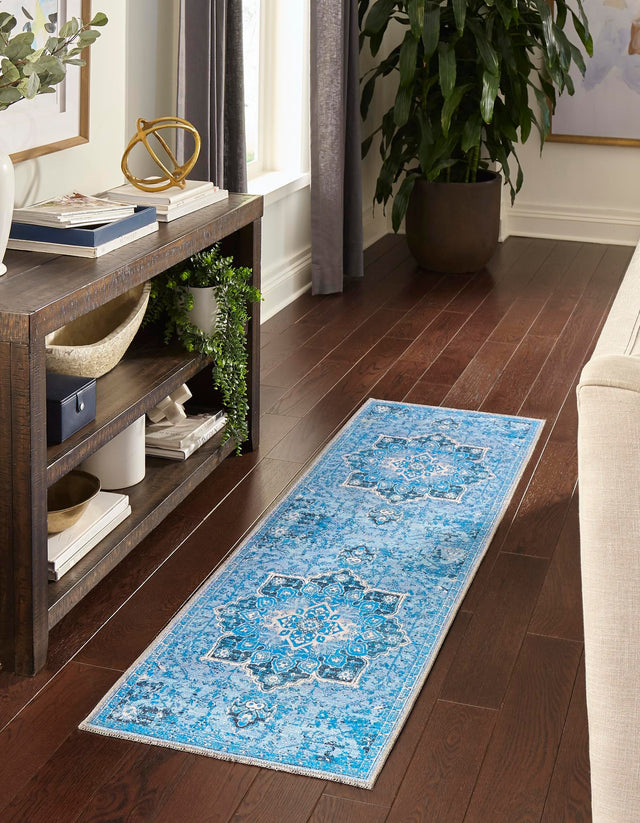 Washable Aqua Blue 2' x 13' Renaissance Runner Area Rug Easy to Clean Stain Resistant & Durable Colorful Distressed Vintage Carpet for Sale at Rug Engine