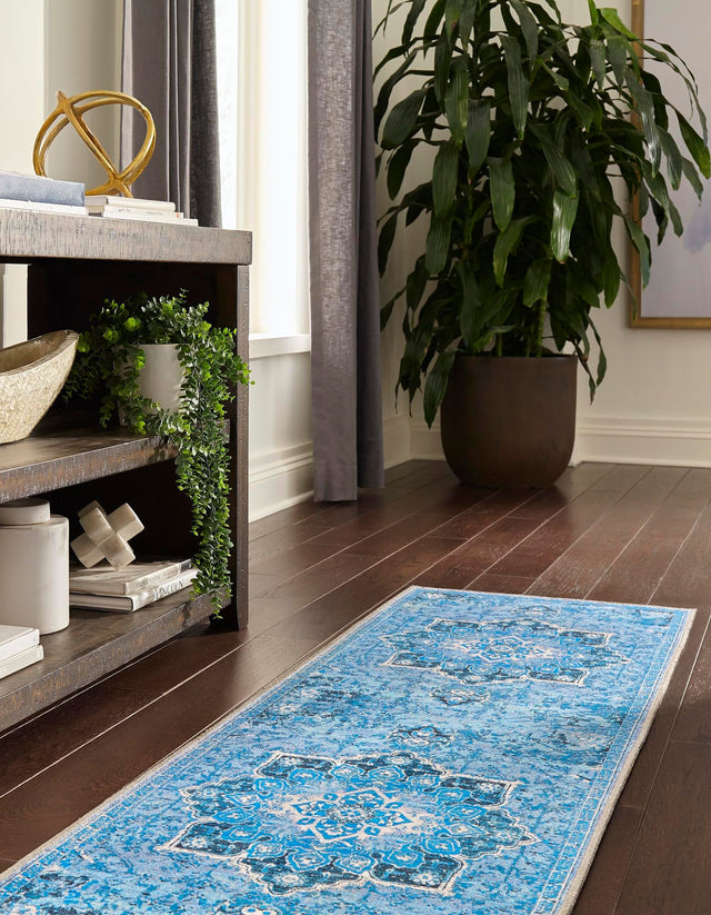 Washable Aqua Blue 2' x 13' Renaissance Runner Area Rug Easy to Clean Stain Resistant & Durable Colorful Distressed Vintage Carpet for Sale at Rug Engine