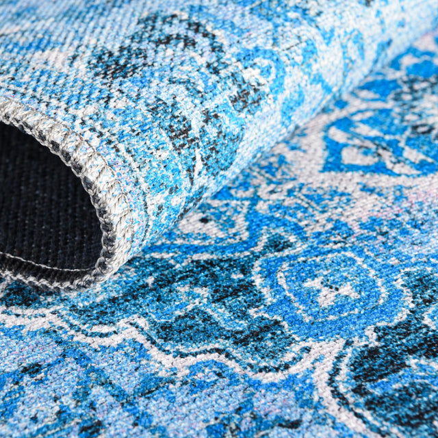 Washable Aqua Blue 2' x 13' Renaissance Runner Area Rug Easy to Clean Stain Resistant & Durable Colorful Distressed Vintage Carpet for Sale at Rug Engine