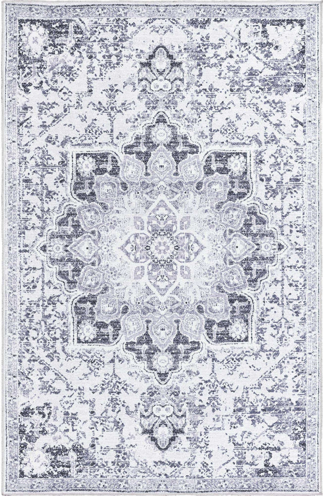 Washable Light Gray 5' 11 x 9' Renaissance Rectangle Area Rug Easy to Clean Stain Resistant & Durable Colorful Distressed Vintage Carpet for Sale at Rug Engine