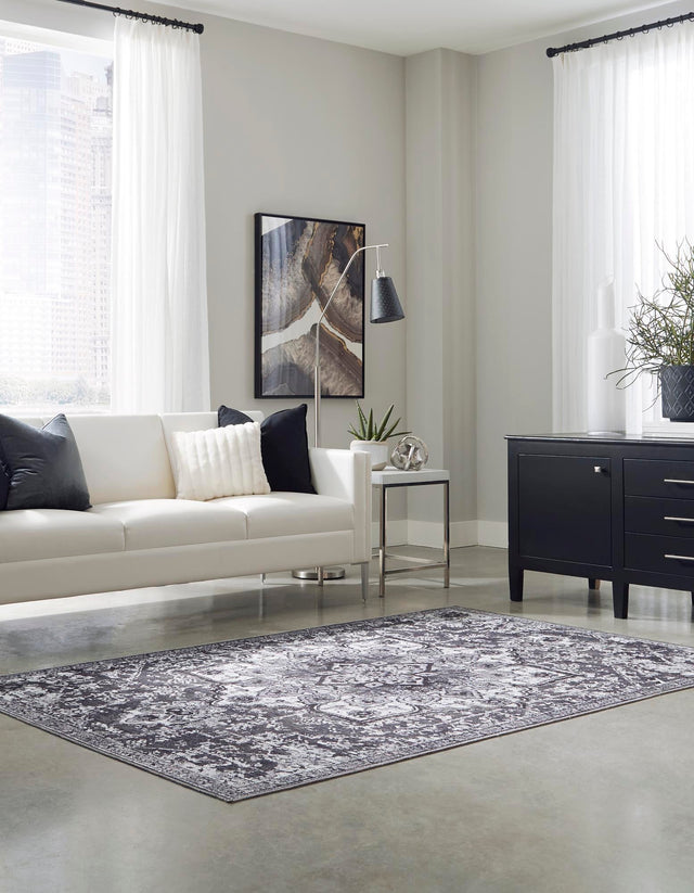 Washable Dark Gray 5' 11 x 9' Renaissance Rectangle Area Rug Easy to Clean Stain Resistant & Durable Colorful Distressed Vintage Carpet for Sale at Rug Engine