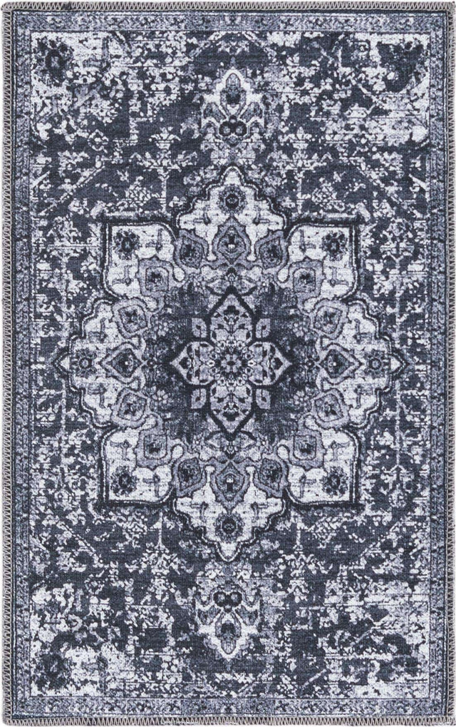 Washable Dark Gray 2' x 3' 1 Renaissance Rectangle Area Rug Easy to Clean Stain Resistant & Durable Colorful Distressed Vintage Carpet for Sale at Rug Engine