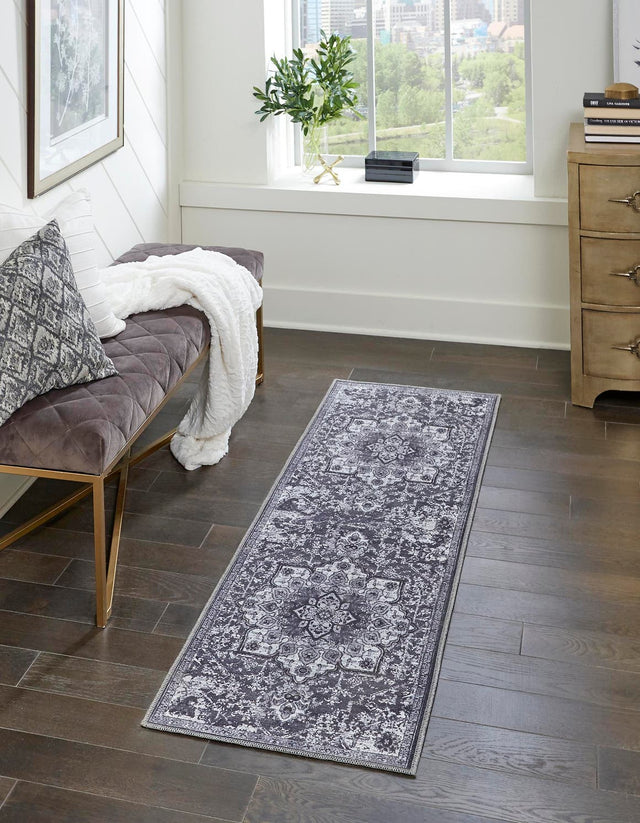 Washable Dark Gray 2' x 13' 1 Renaissance Runner Area Rug Easy to Clean Stain Resistant & Durable Colorful Distressed Vintage Carpet for Sale at Rug Engine