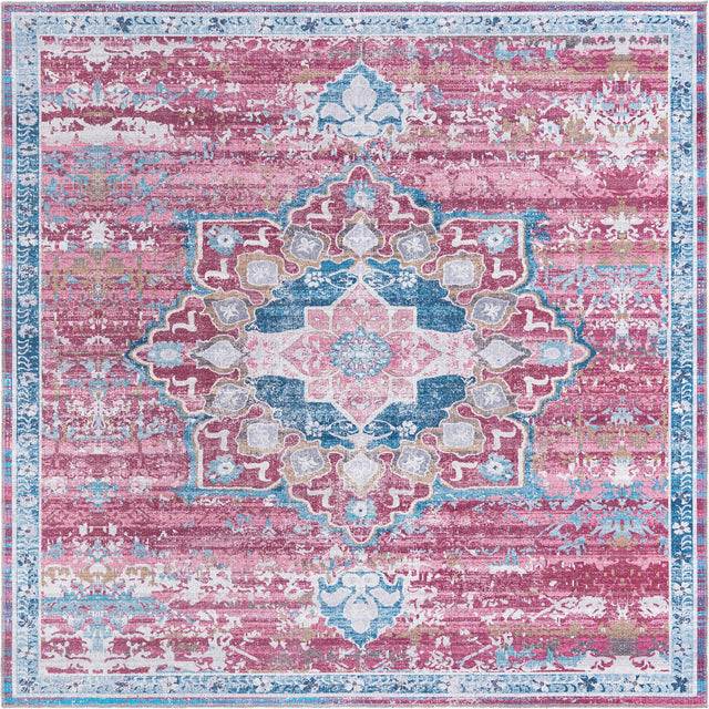 Washable Antique Pink 7' 10 x 7' 10 Renaissance Square Area Rug Easy to Clean Stain Resistant & Durable Colorful Distressed Vintage Carpet for Sale at Rug Engine