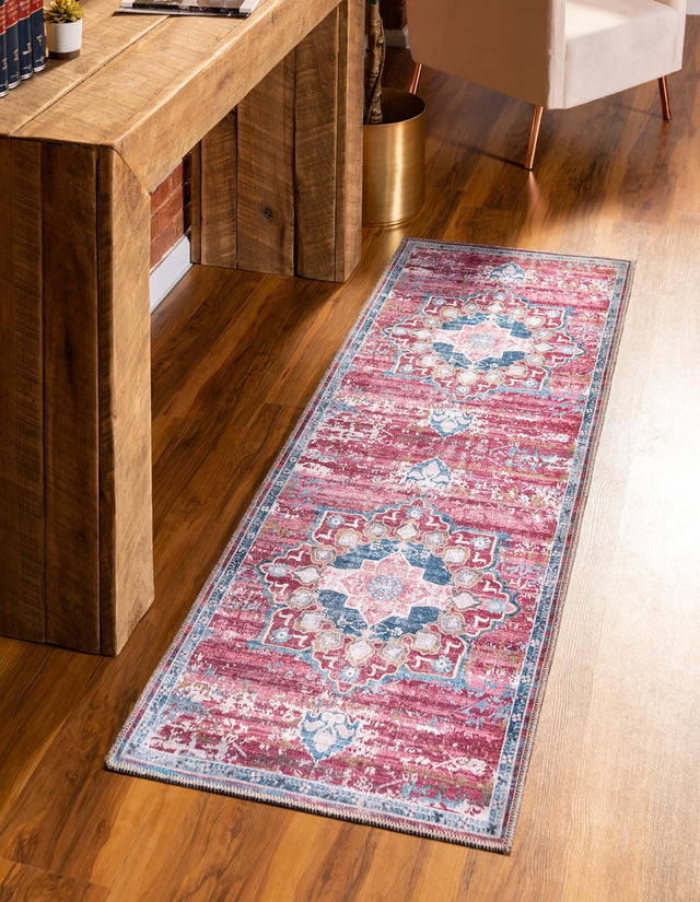 Washable Antique Pink 2' 7 x 12' Renaissance Runner Area Rug Easy to Clean Stain Resistant & Durable Colorful Distressed Vintage Carpet for Sale at Rug Engine