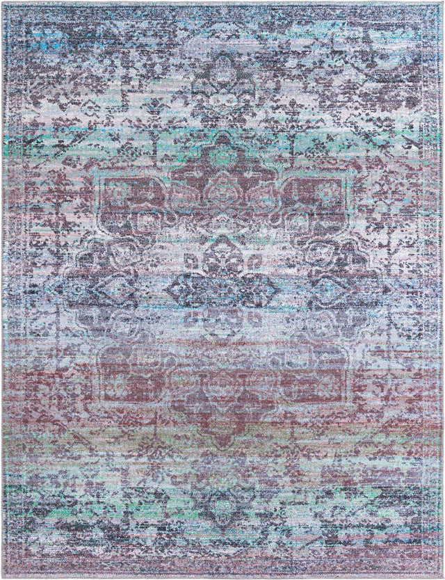 Washable Blue Green 9' 2 x 12' Renaissance Rectangle Area Rug Easy to Clean Stain Resistant & Durable Colorful Distressed Vintage Carpet for Sale at Rug Engine