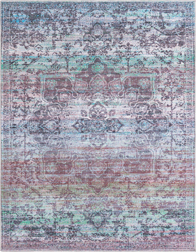 Washable Blue Green 7' 10 x 10' Renaissance Rectangle Area Rug Easy to Clean Stain Resistant & Durable Colorful Distressed Vintage Carpet for Sale at Rug Engine