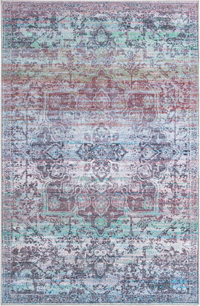 Washable Blue Green 5' 3 x 8' Renaissance Rectangle Area Rug Easy to Clean Stain Resistant & Durable Colorful Distressed Vintage Carpet for Sale at Rug Engine