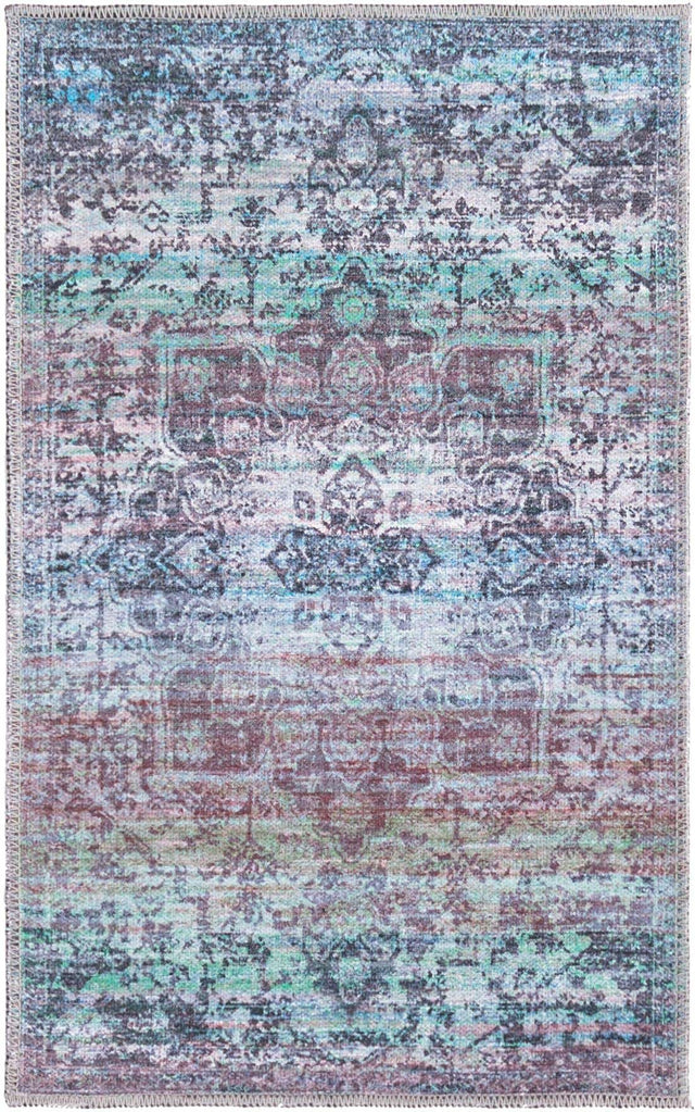 Washable Blue Green 2' x 3' 1 Renaissance Rectangle Area Rug Easy to Clean Stain Resistant & Durable Colorful Distressed Vintage Carpet for Sale at Rug Engine