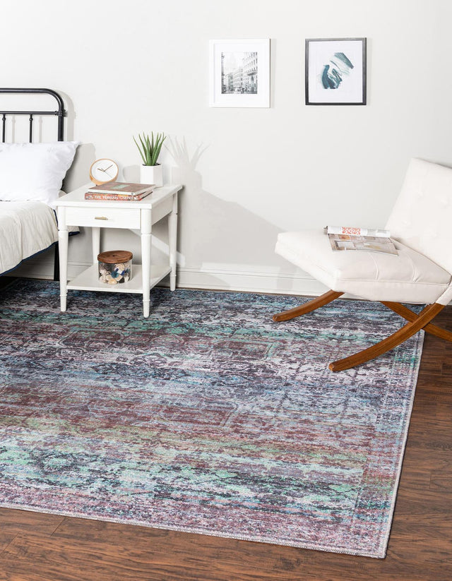 Washable Blue Green 5' 3 x 5' 3 Renaissance Square Area Rug Easy to Clean Stain Resistant & Durable Colorful Distressed Vintage Carpet for Sale at Rug Engine