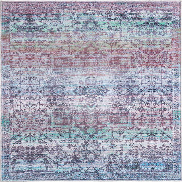 Washable Blue Green 7' 3 x 7' 3 Renaissance Square Area Rug Easy to Clean Stain Resistant & Durable Colorful Distressed Vintage Carpet for Sale at Rug Engine