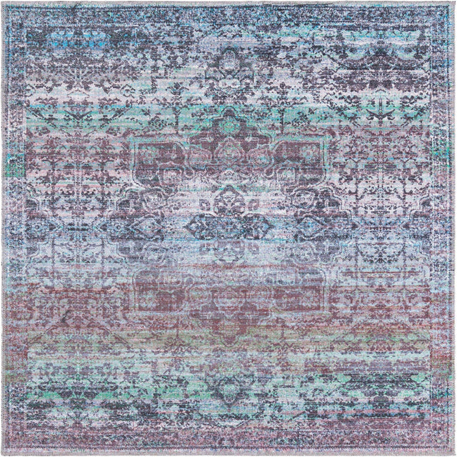Washable Blue Green 5' 3 x 5' 3 Renaissance Square Area Rug Easy to Clean Stain Resistant & Durable Colorful Distressed Vintage Carpet for Sale at Rug Engine