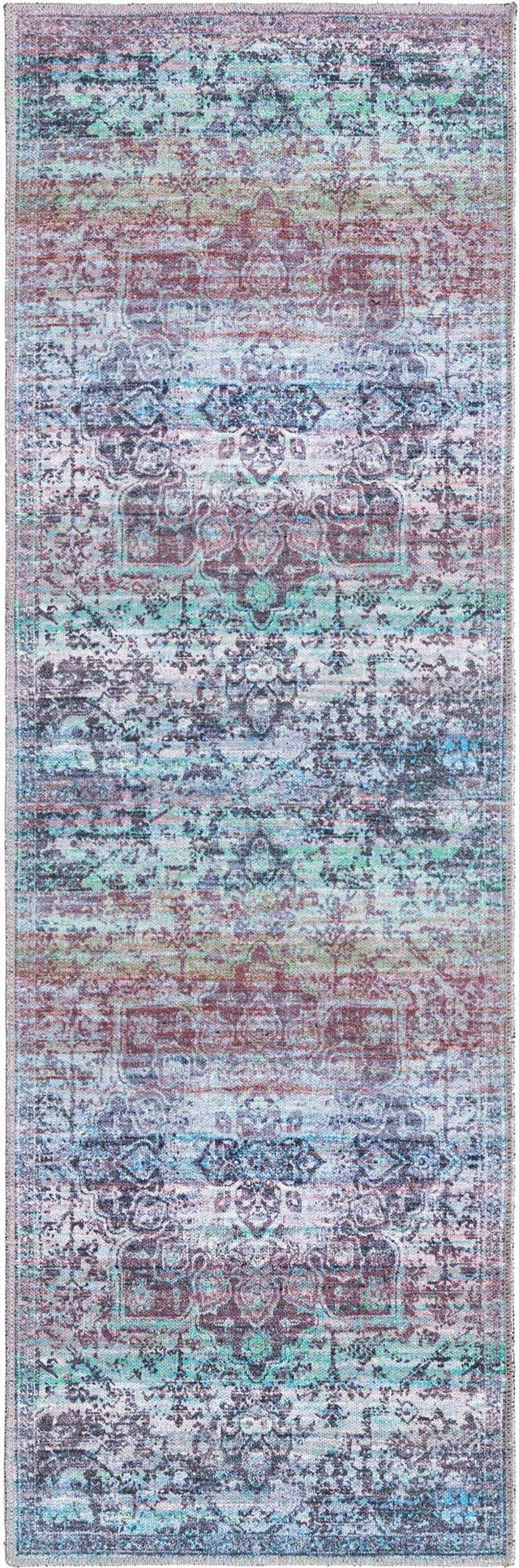 Washable Blue Green 2' x 6' 1 Renaissance Runner Area Rug Easy to Clean Stain Resistant & Durable Colorful Distressed Vintage Carpet for Sale at Rug Engine