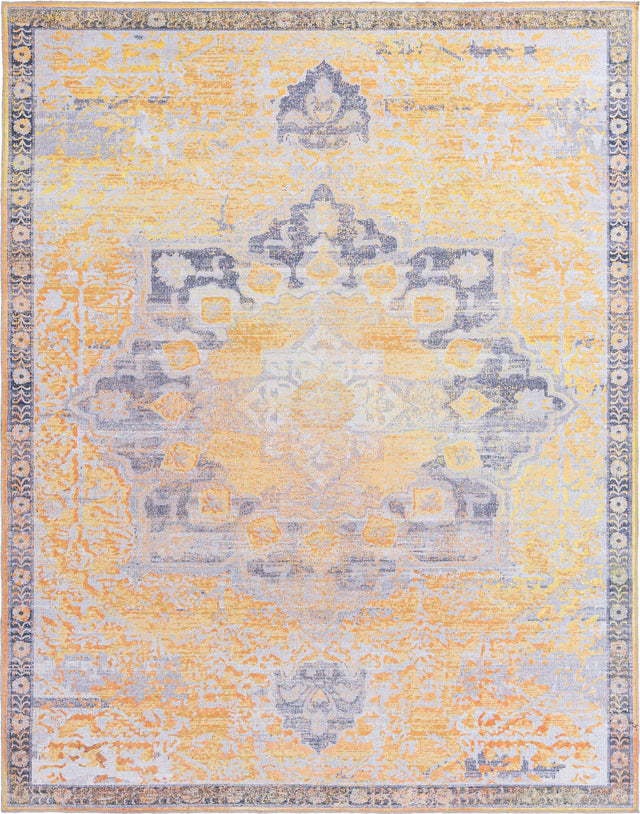 Washable Tuscan Yellow 7' 10 x 10' Renaissance Rectangle Area Rug Easy to Clean Stain Resistant & Durable Colorful Distressed Vintage Carpet for Sale at Rug Engine