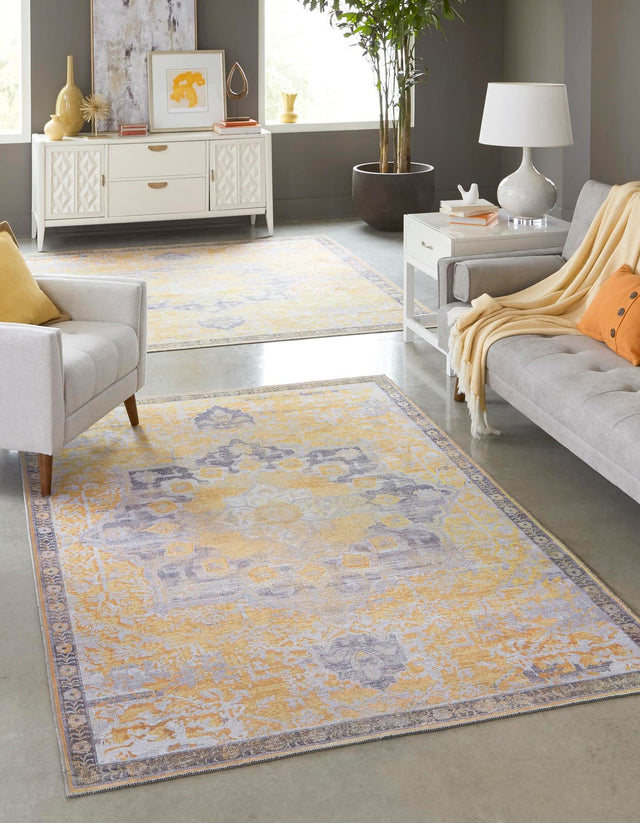 Washable Tuscan Yellow 7' 10 x 10' Renaissance Rectangle Area Rug Easy to Clean Stain Resistant & Durable Colorful Distressed Vintage Carpet for Sale at Rug Engine