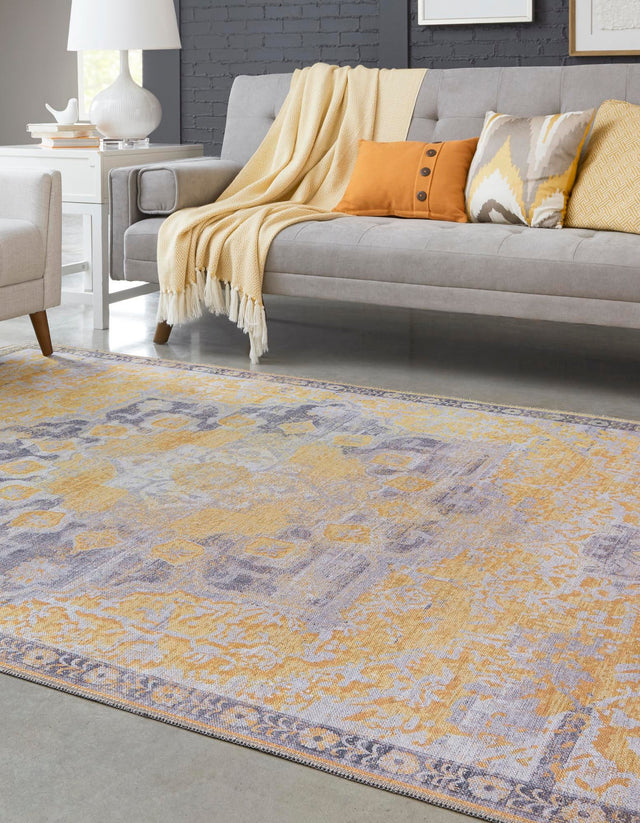 Washable Tuscan Yellow 9' 2 x 12' Renaissance Rectangle Area Rug Easy to Clean Stain Resistant & Durable Colorful Distressed Vintage Carpet for Sale at Rug Engine