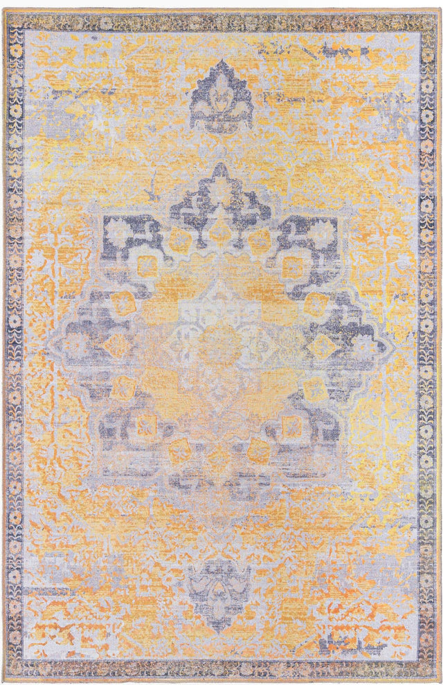 Washable Tuscan Yellow 5' 3 x 8' Renaissance Rectangle Area Rug Easy to Clean Stain Resistant & Durable Colorful Distressed Vintage Carpet for Sale at Rug Engine