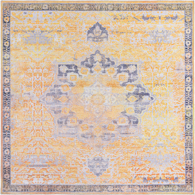 Washable Tuscan Yellow 7' 10 x 7' 10 Renaissance Square Area Rug Easy to Clean Stain Resistant & Durable Colorful Distressed Vintage Carpet for Sale at Rug Engine