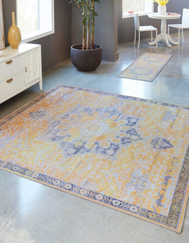 Washable Tuscan Yellow 7' 3 x 7' 3 Renaissance Square Area Rug Easy to Clean Stain Resistant & Durable Colorful Distressed Vintage Carpet for Sale at Rug Engine