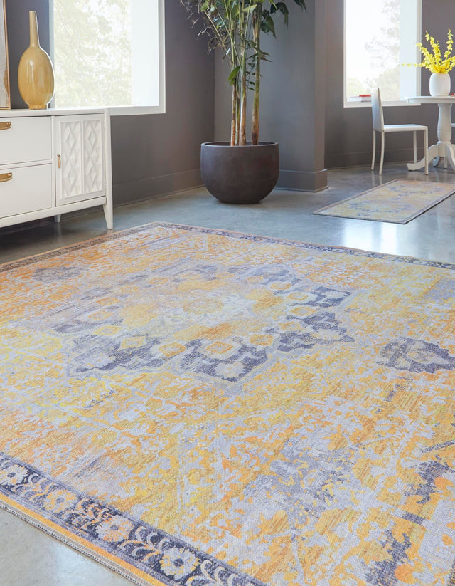Washable Tuscan Yellow 5' 3 x 5' 3 Renaissance Square Area Rug Easy to Clean Stain Resistant & Durable Colorful Distressed Vintage Carpet for Sale at Rug Engine