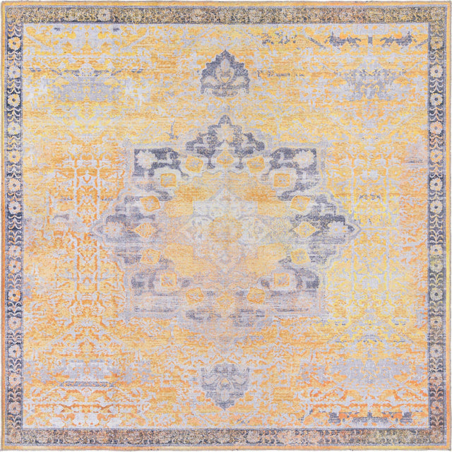 Washable Tuscan Yellow 7' 3 x 7' 3 Renaissance Square Area Rug Easy to Clean Stain Resistant & Durable Colorful Distressed Vintage Carpet for Sale at Rug Engine