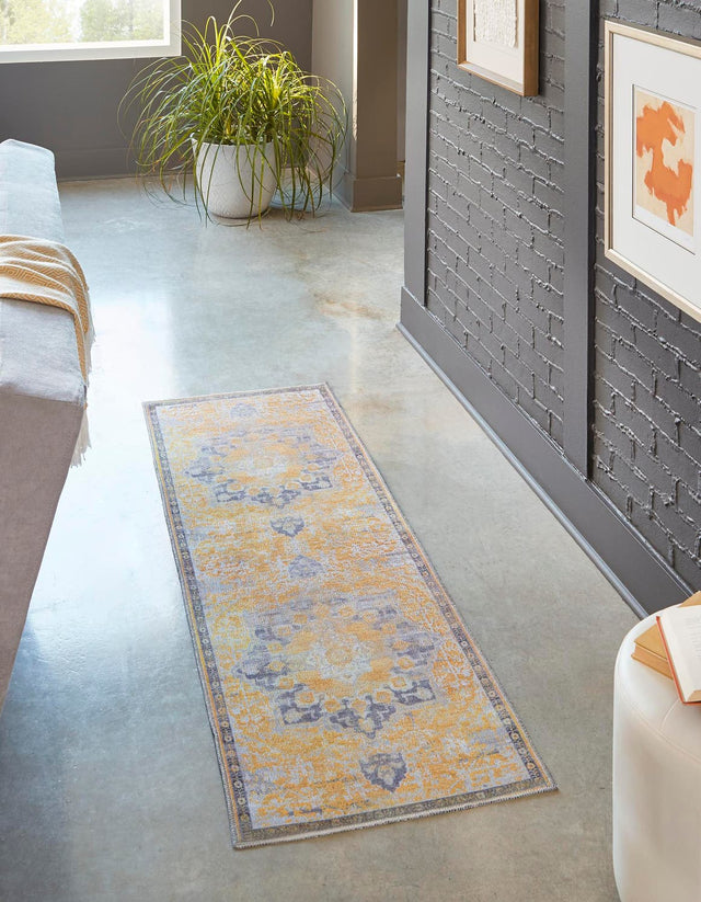 Washable Tuscan Yellow 2' x 6' 1 Renaissance Runner Area Rug Easy to Clean Stain Resistant & Durable Colorful Distressed Vintage Carpet for Sale at Rug Engine