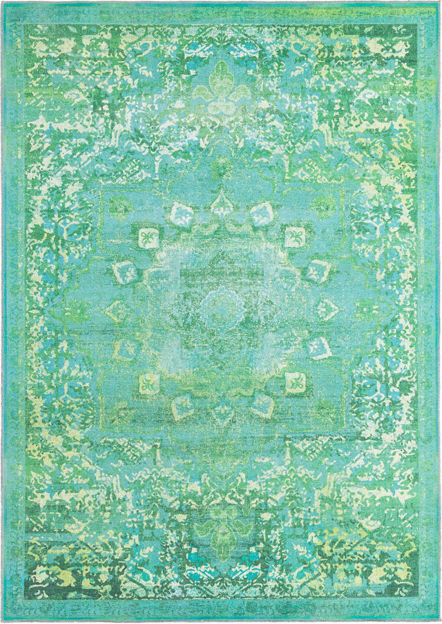 Washable Spring Green 7' 10 x 11' Renaissance Rectangle Area Rug Easy to Clean Stain Resistant & Durable Colorful Distressed Vintage Carpet for Sale at Rug Engine