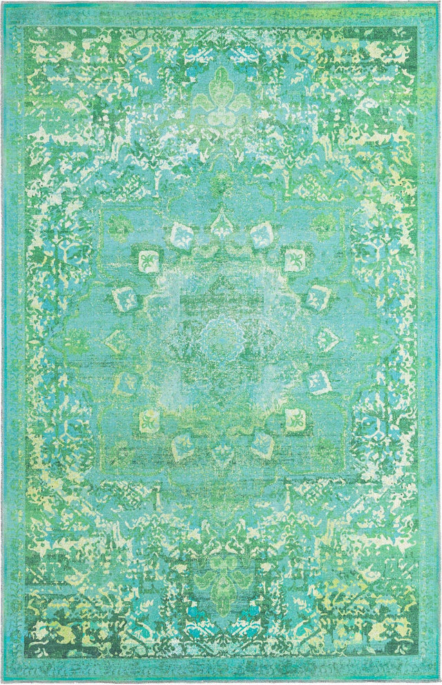 Washable Spring Green 5' 11 x 9' Renaissance Rectangle Area Rug Easy to Clean Stain Resistant & Durable Colorful Distressed Vintage Carpet for Sale at Rug Engine