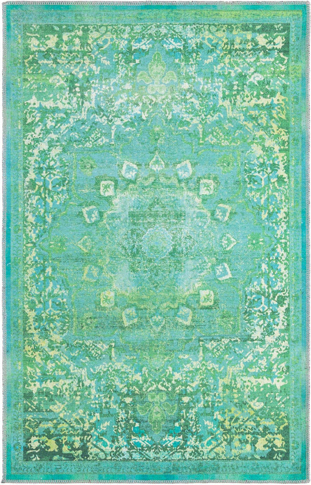 Washable Spring Green 3' 11 x 6' 1 Renaissance Rectangle Area Rug Easy to Clean Stain Resistant & Durable Colorful Distressed Vintage Carpet for Sale at Rug Engine