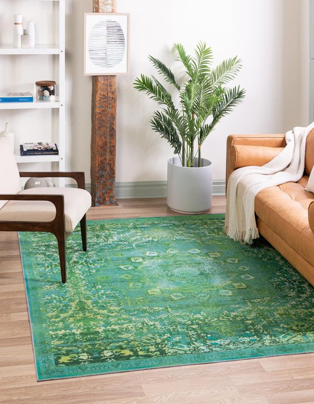 Washable Spring Green 5' 3 x 5' 3 Renaissance Square Area Rug Easy to Clean Stain Resistant & Durable Colorful Distressed Vintage Carpet for Sale at Rug Engine