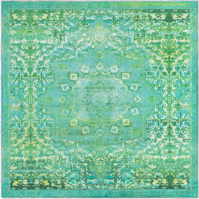Washable Spring Green 5' 3 x 5' 3 Renaissance Square Area Rug Easy to Clean Stain Resistant & Durable Colorful Distressed Vintage Carpet for Sale at Rug Engine