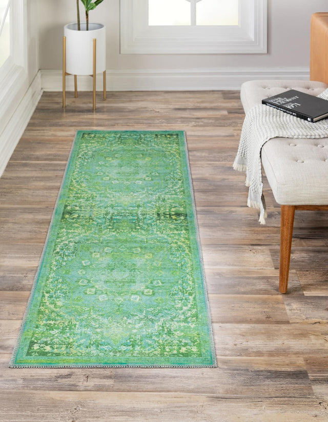 Washable Spring Green 2' x 10' Renaissance Runner Area Rug Easy to Clean Stain Resistant & Durable Colorful Distressed Vintage Carpet for Sale at Rug Engine