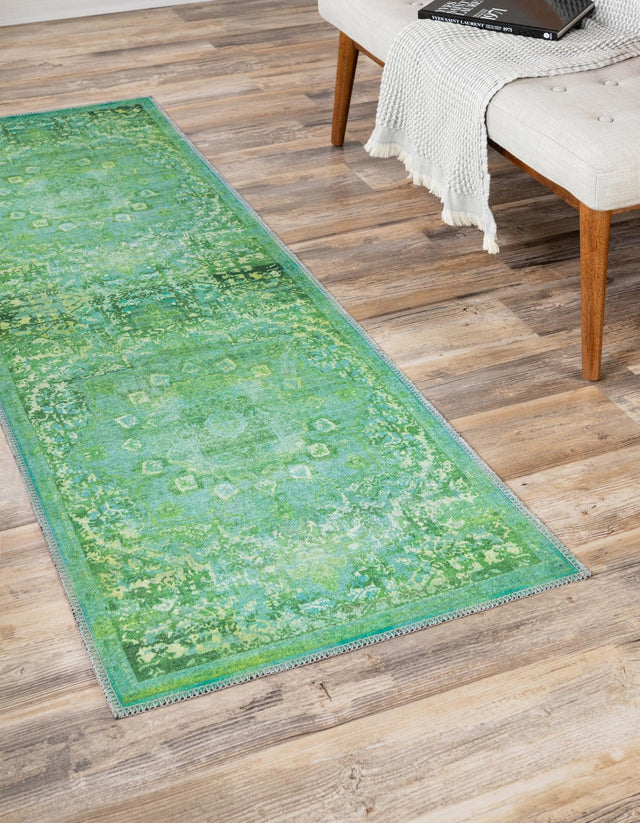 Washable Spring Green 2' x 13' 1 Renaissance Runner Area Rug Easy to Clean Stain Resistant & Durable Colorful Distressed Vintage Carpet for Sale at Rug Engine