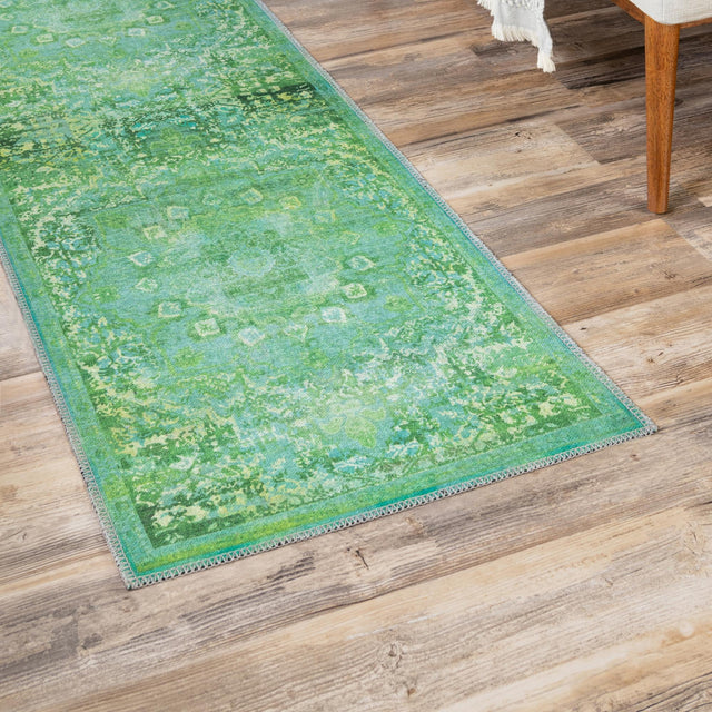 Washable Spring Green 2' x 13' 1 Renaissance Runner Area Rug Easy to Clean Stain Resistant & Durable Colorful Distressed Vintage Carpet for Sale at Rug Engine