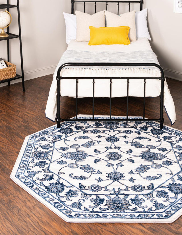 White Blue 5' 3 x 5' 3 Boston Octagon Area Rug 55% Polypropylene & 45% Polyester Easy Clean Traditional Classical Carpet for Contemporary Living Dining Room Office Space for Sale at Rug Engine