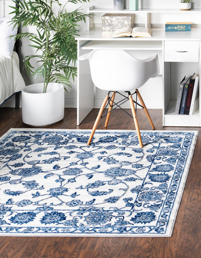 White Blue 5' 3 x 5' 3 Boston Square Area Rug 55% Polypropylene & 45% Polyester Easy Clean Traditional Classical Carpet for Contemporary Living Dining Room Office Space for Sale at Rug Engine