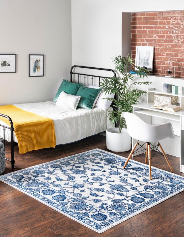White Blue 5' 3 x 5' 3 Boston Square Area Rug 55% Polypropylene & 45% Polyester Easy Clean Traditional Classical Carpet for Contemporary Living Dining Room Office Space for Sale at Rug Engine
