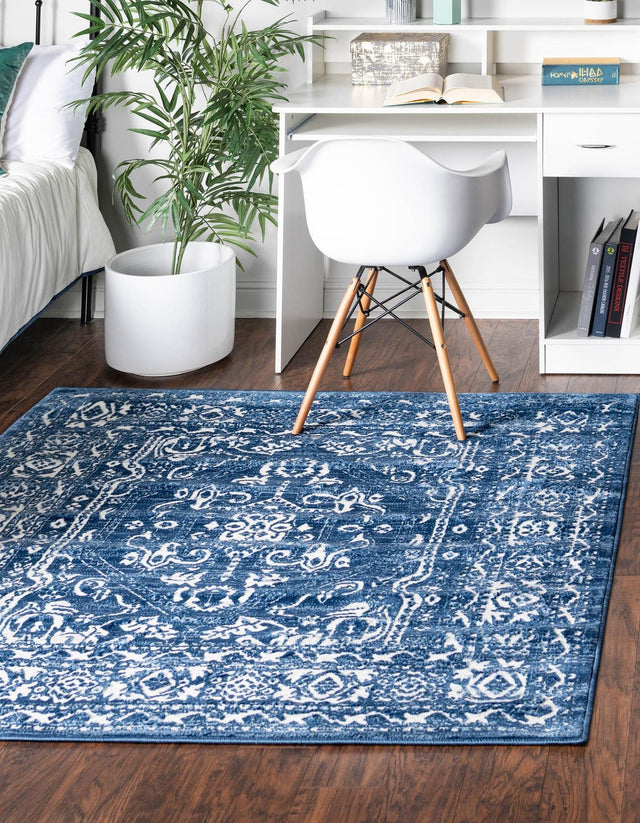 Blue 5' 3 x 5' 3 Boston Square Area Rug 55% Polypropylene & 45% Polyester Easy Clean Traditional Classical Carpet for Contemporary Living Dining Room Office Space for Sale at Rug Engine