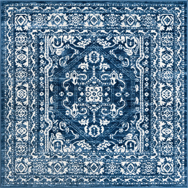Blue 5' 3 x 5' 3 Boston Square Area Rug 55% Polypropylene & 45% Polyester Easy Clean Traditional Classical Carpet for Contemporary Living Dining Room Office Space for Sale at Rug Engine