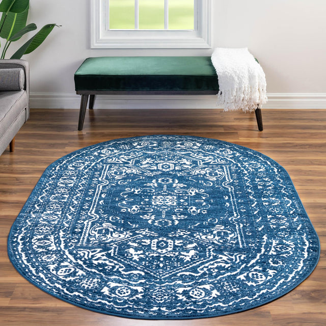 Blue 5' 3 x 8' Boston Oval Area Rug 55% Polypropylene & 45% Polyester Easy Clean Traditional Classical Carpet for Contemporary Living Dining Room Office Space for Sale at Rug Engine
