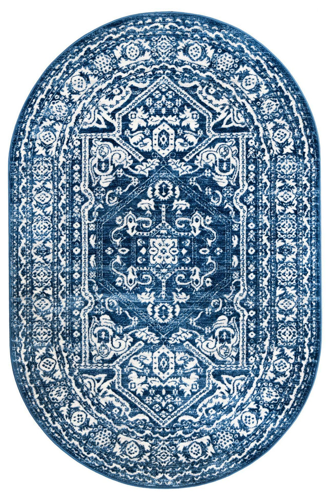 Blue 5' 3 x 8' Boston Oval Area Rug 55% Polypropylene & 45% Polyester Easy Clean Traditional Classical Carpet for Contemporary Living Dining Room Office Space for Sale at Rug Engine