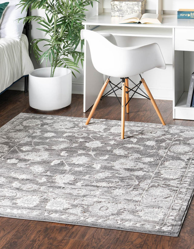 Gray 5' 3 x 5' 3 Boston Square Area Rug 55% Polypropylene & 45% Polyester Easy Clean Traditional Classical Carpet for Contemporary Living Dining Room Office Space for Sale at Rug Engine