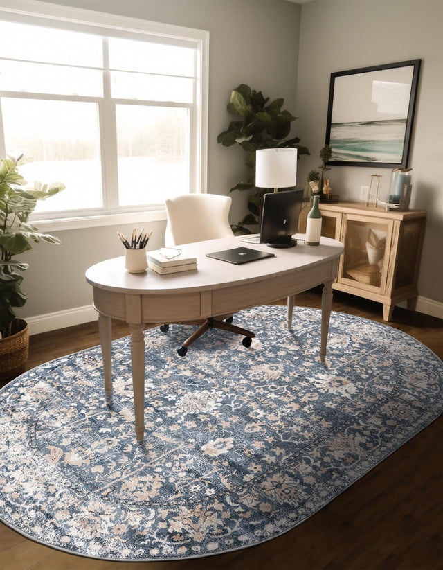 Blue 5' 3 x 8' Portland Oval Area Rug 85% Polypropylene & 15% Polyester Vintage Distressed Traditional Carpet for Home Decor for Sale at Rug Engine