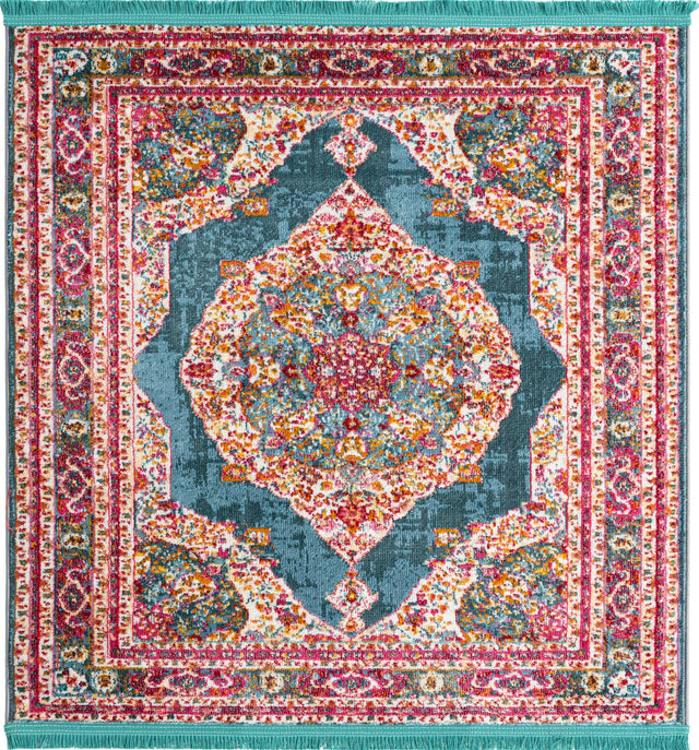 Turquoise 4' x 4' Baracoa Square Area Rug 100% Polypropylene Distressed Vintage Living Dining Room Office Traditional Carpet for Sale at Rug Engine