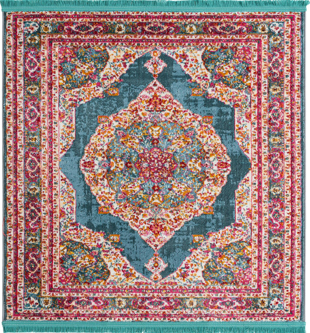 Turquoise 4' x 4' Baracoa Square Area Rug 100% Polypropylene Distressed Vintage Living Dining Room Office Traditional Carpet for Sale at Rug Engine