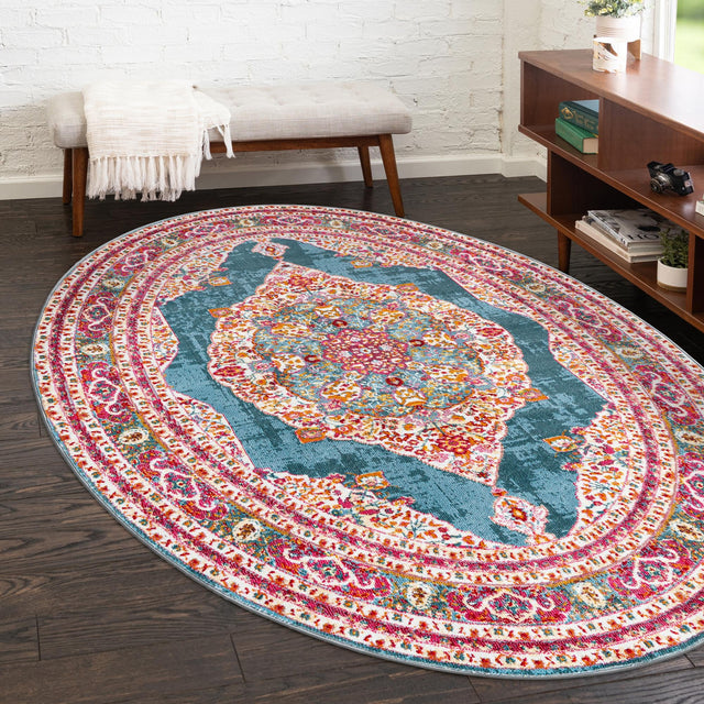 Turquoise 7' 10 x 10' Baracoa Oval Area Rug 100% Polypropylene Distressed Vintage Living Dining Room Office Traditional Carpet for Sale at Rug Engine