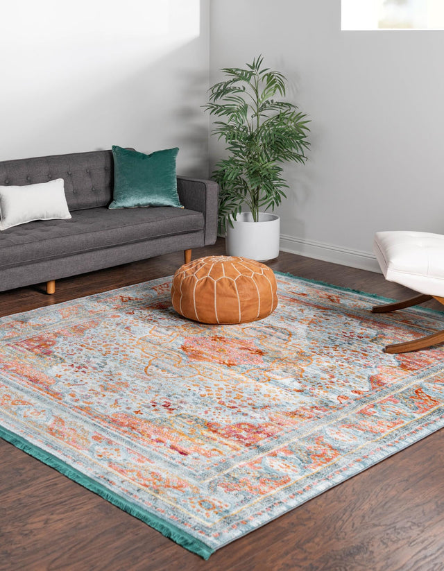 Light Blue 8' x 8' Baracoa Square Area Rug 100% Polypropylene Distressed Vintage Living Dining Room Office Traditional Carpet for Sale at Rug Engine