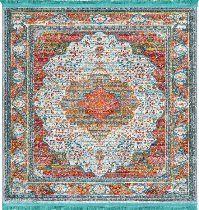Light Blue 4' x 4' Baracoa Square Area Rug 100% Polypropylene Distressed Vintage Living Dining Room Office Traditional Carpet for Sale at Rug Engine