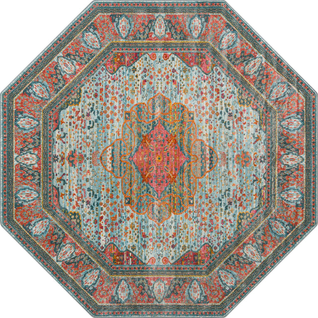 Light Blue 8' x 8' Baracoa Octagon Area Rug 100% Polypropylene Distressed Vintage Living Dining Room Office Traditional Carpet for Sale at Rug Engine