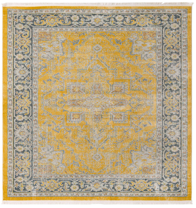 Yellow 8' x 8' Baracoa Square Area Rug 100% Polypropylene Distressed Vintage Living Dining Room Office Traditional Carpet for Sale at Rug Engine